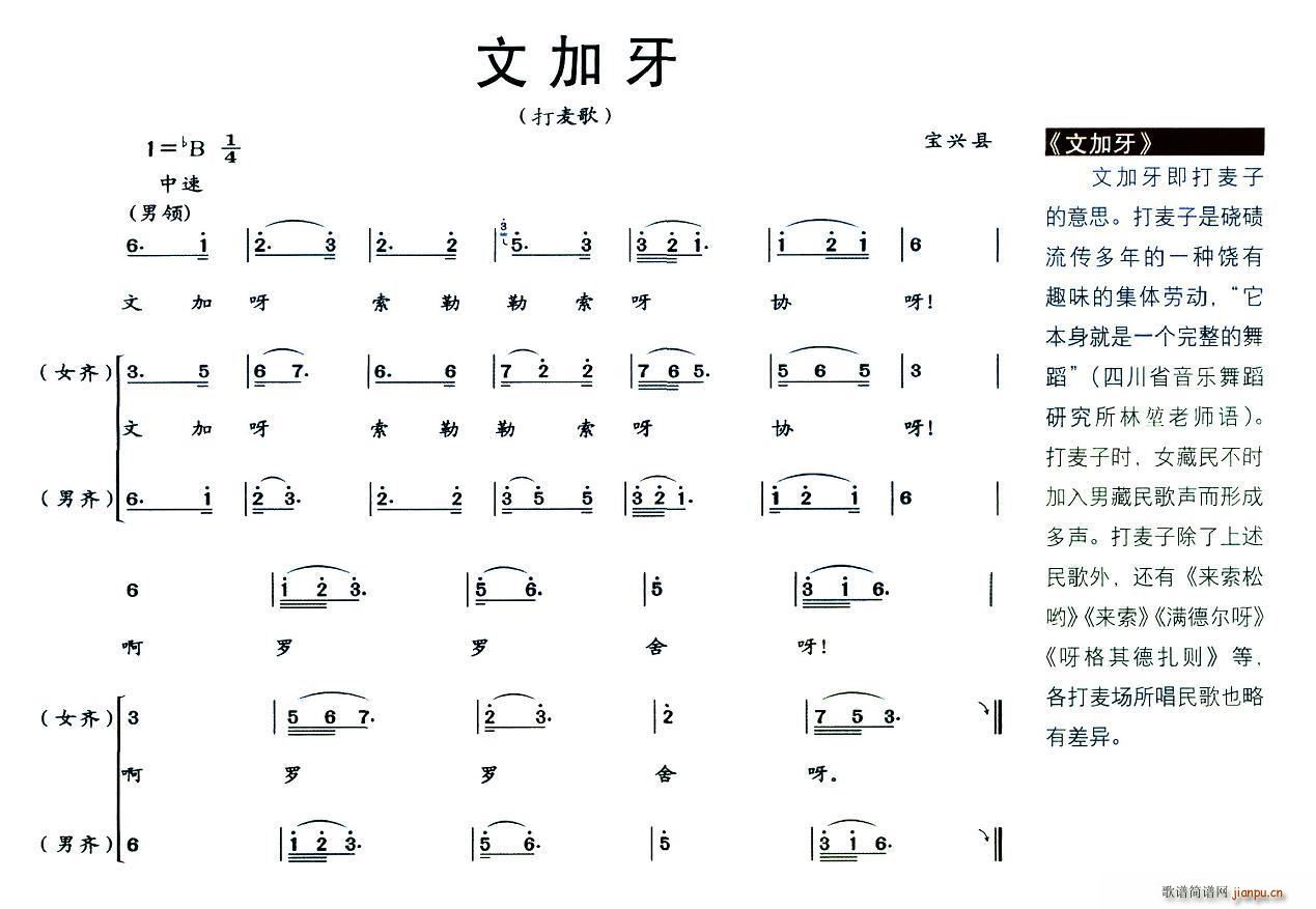 未知 《文加牙（打麦歌）》简谱