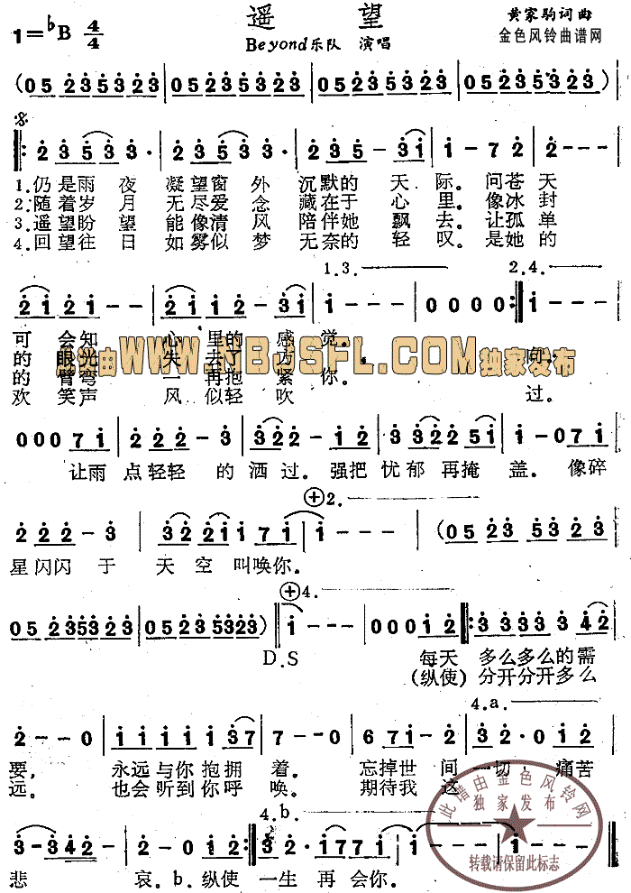 Beyond乐队 《遥望(粤语)》简谱