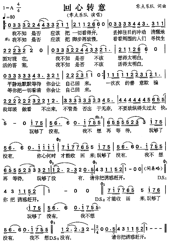 零点乐队 《回心转意》简谱