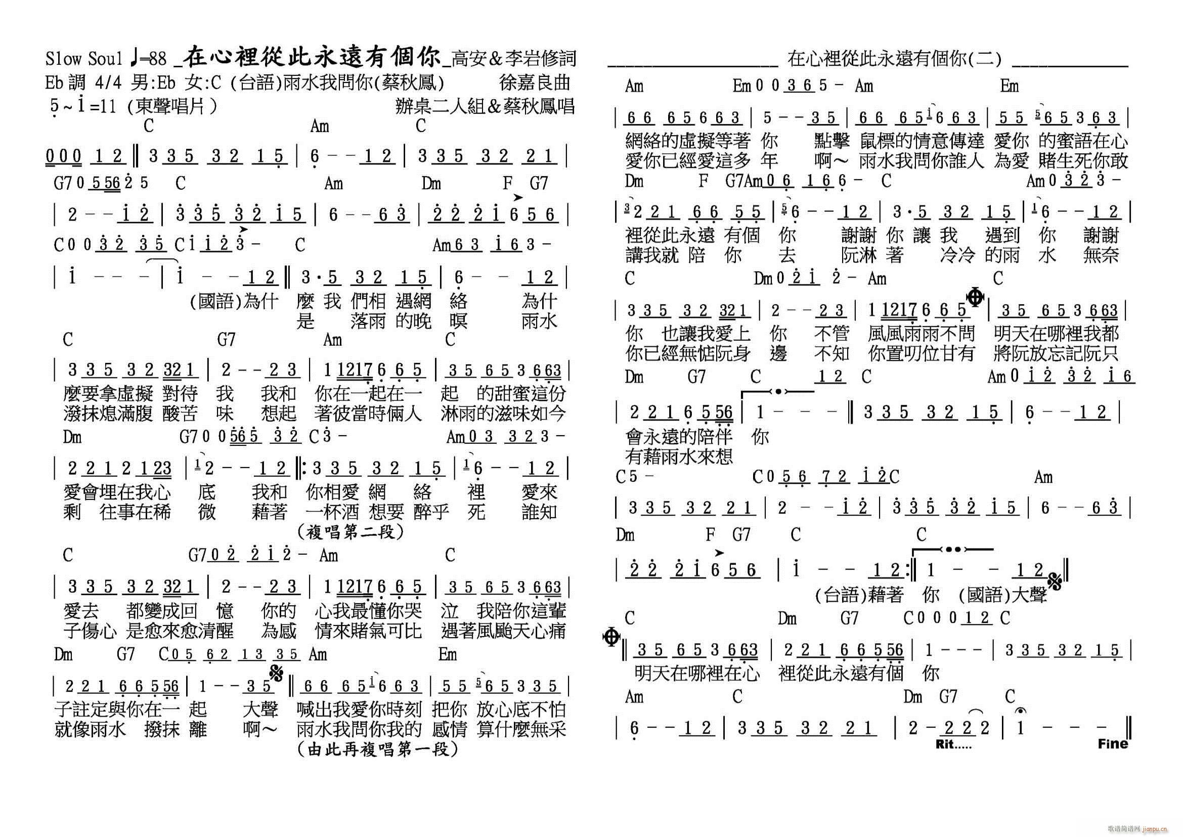 辦桌二人組 蔡秋鳳 《在心裡從此有個你(雨水我問你)》简谱