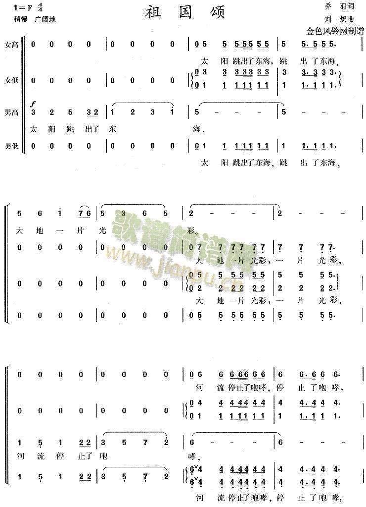 未知 《祖国颂》简谱