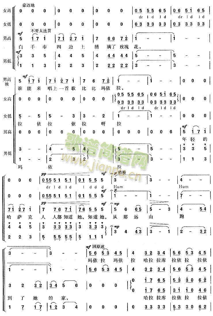 未知 《玛依拉(哈萨克族民歌)》简谱