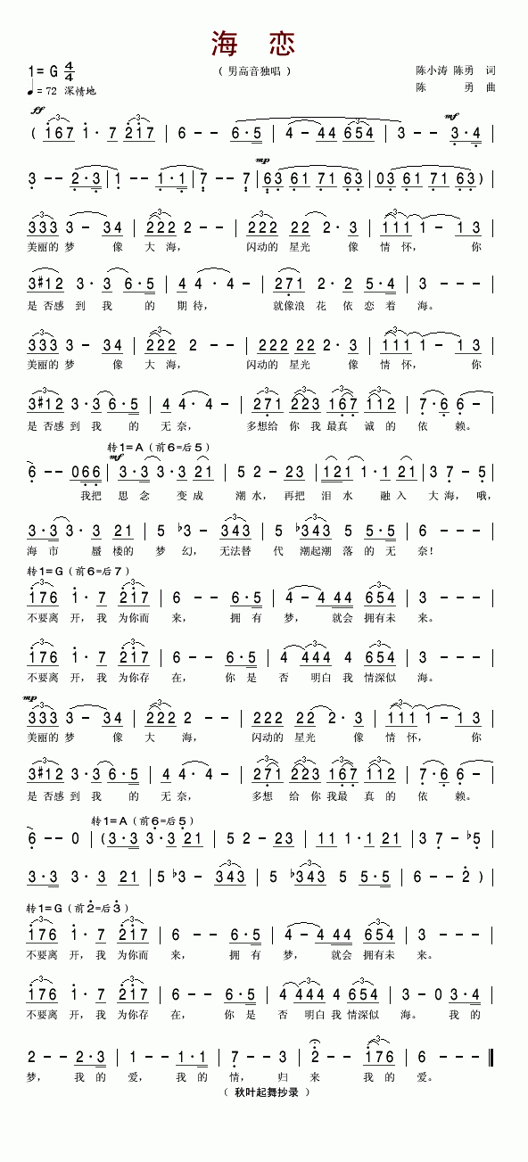 陈勇 《海恋(美声演唱)》简谱