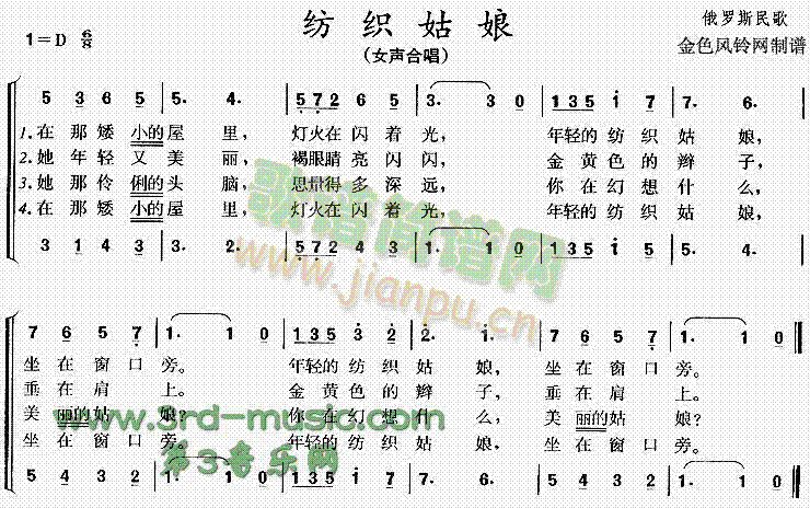 未知 《纺织姑娘(俄罗斯民歌)[合唱曲谱]》简谱