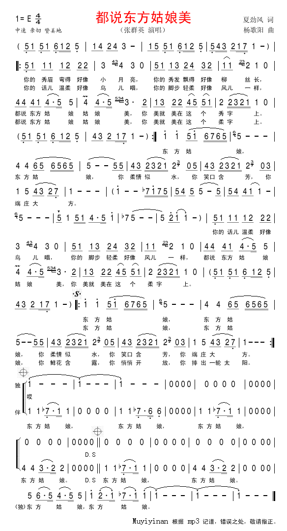 张群英 《都说东方姑娘美》简谱