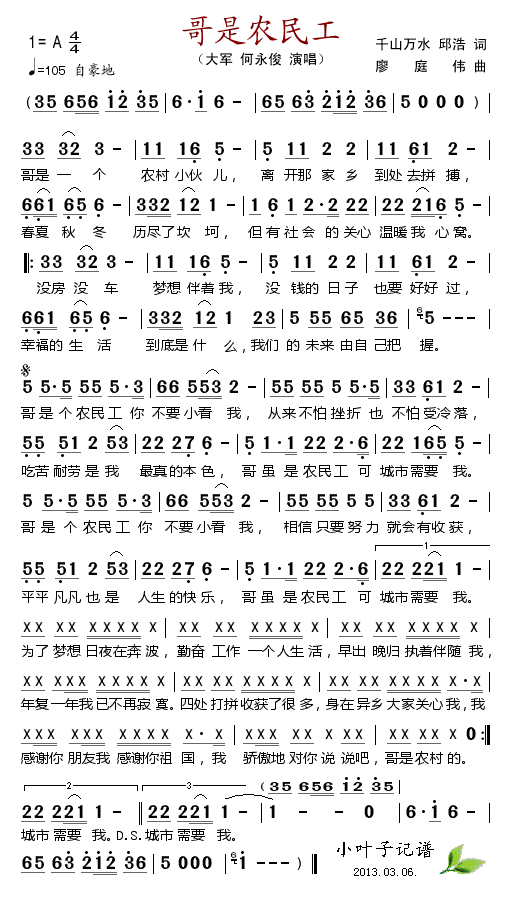 大军何永俊 《哥是农民工》简谱