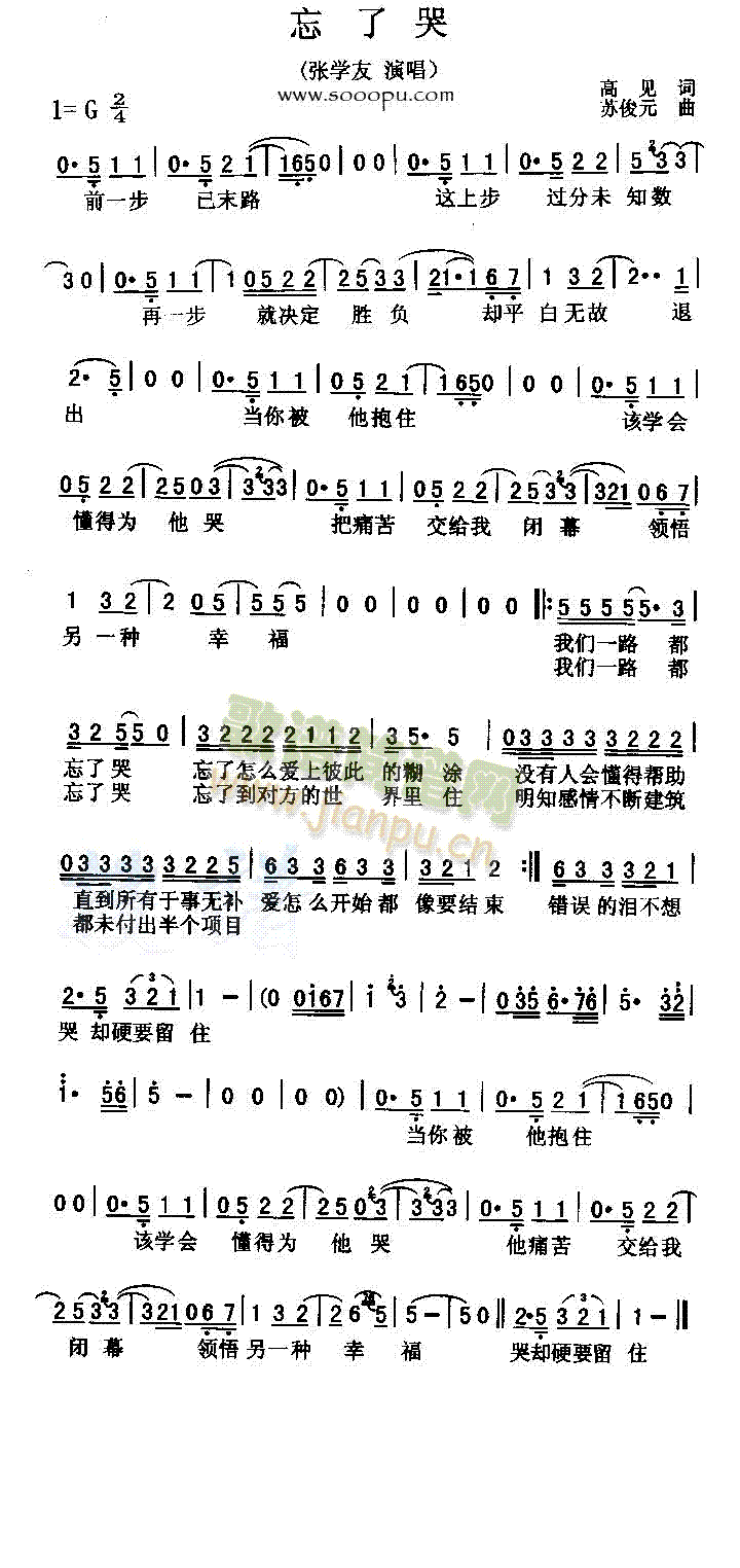 张学友 《忘了哭》简谱