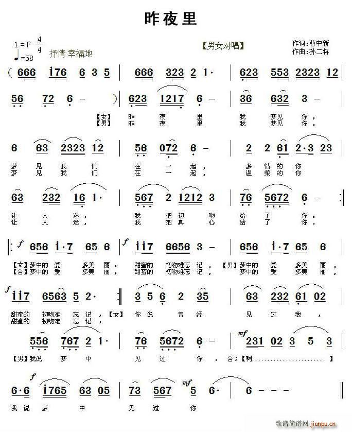 张菊 新生   孙二将 曹中新 《昨夜里（曹中新词 曲）》简谱