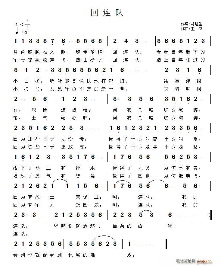 王wangli 马进生 《回连队》简谱