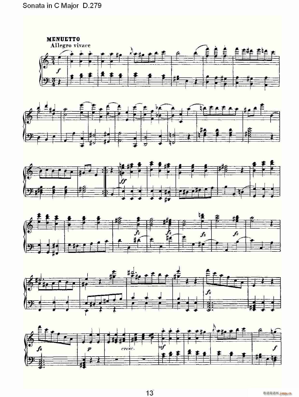 弗朗兹·舒柏特   朴素传幽真 《Sonata in C Major D.279（C大调奏鸣曲 D.279）》简谱