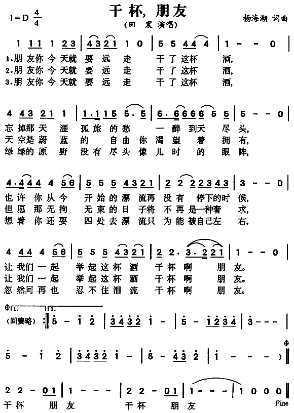 田震 《干杯朋友》简谱