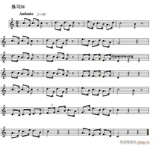 未知 《快速入门 附录 视唱浅易经典练习曲（36）》简谱