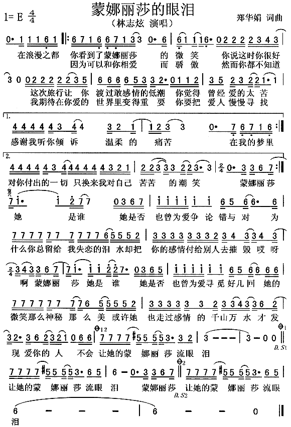 林志炫 《蒙娜丽莎的眼泪》简谱