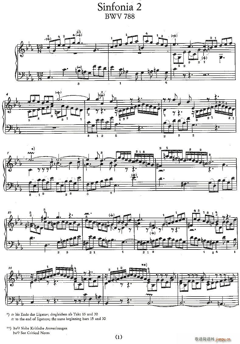 未知 《Sinfonia 2 BWV-788》简谱