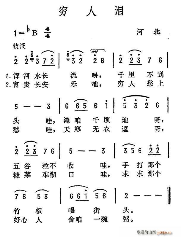 未知 《穷人泪（河北民歌）》简谱