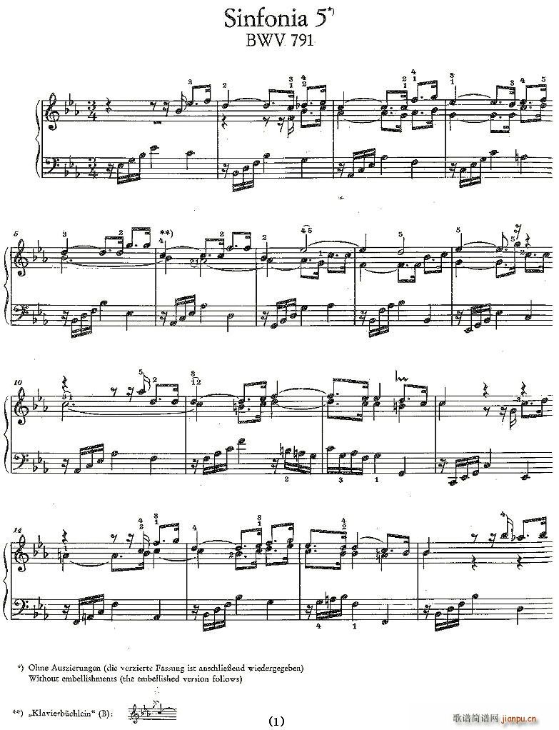 未知 《Sinfonia 5*) BWV-791》简谱