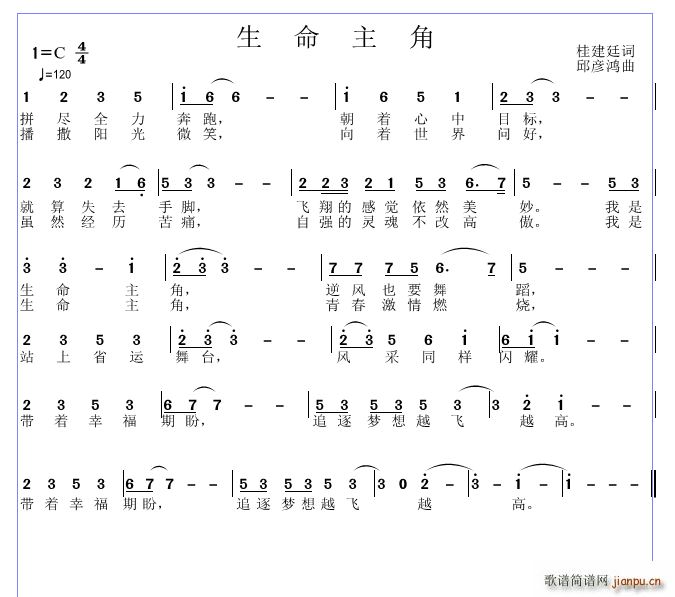 邱彦鸿   桂建廷 《生命主角》简谱