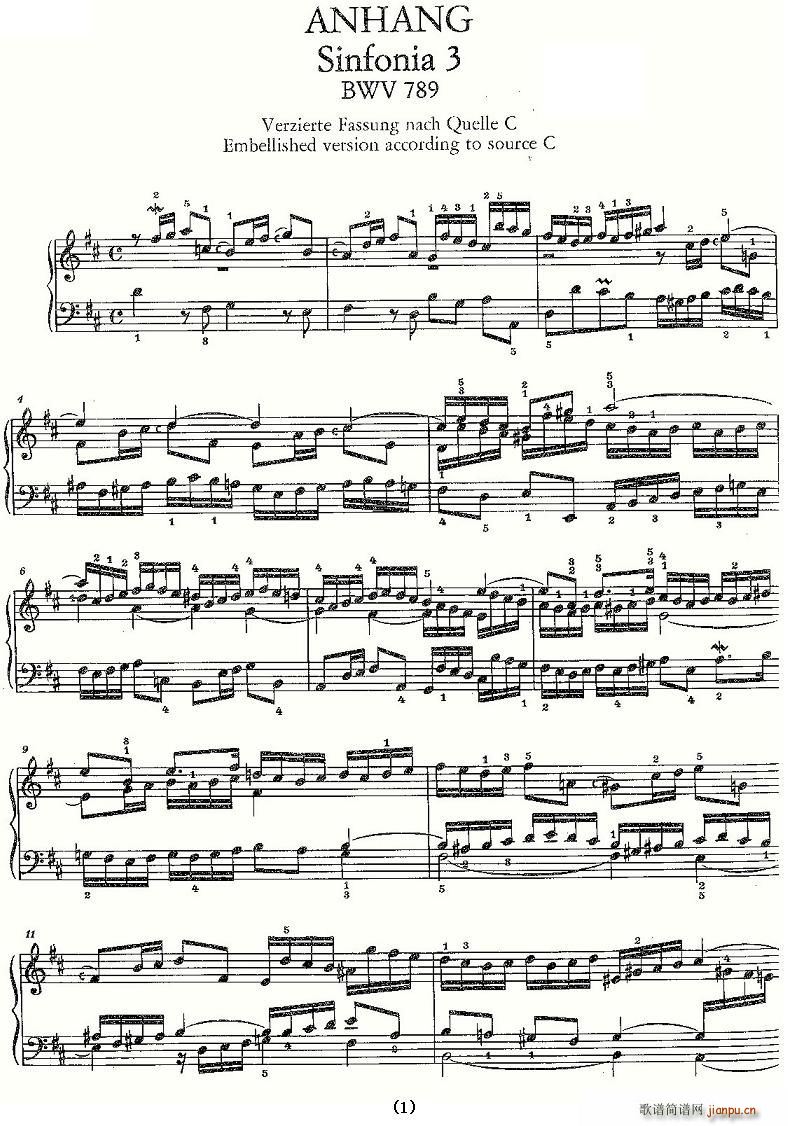 未知 《Sinfonia 3 BWV-789》简谱