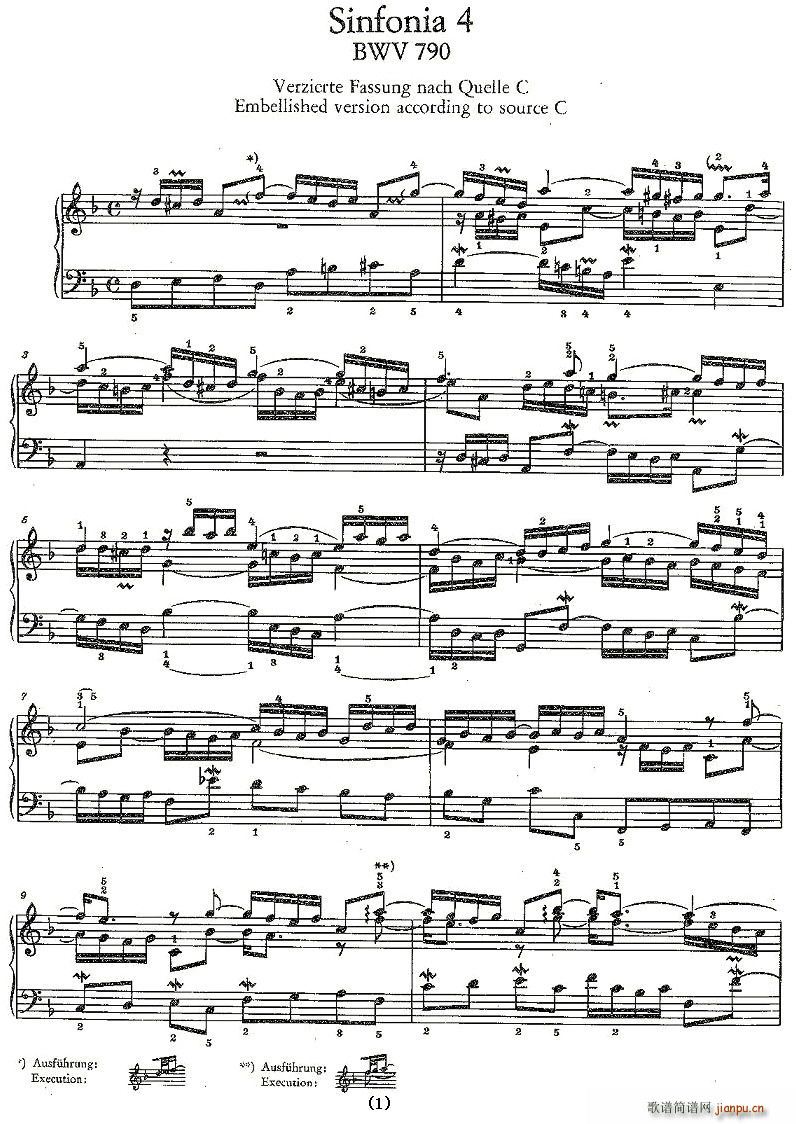 未知 《Sinfonia 4 BWV-790》简谱