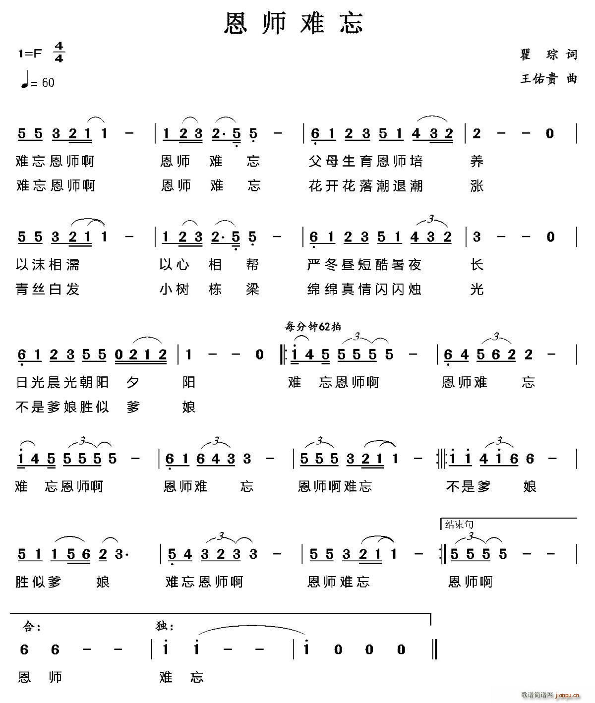 瞿琮 《恩师难忘》简谱