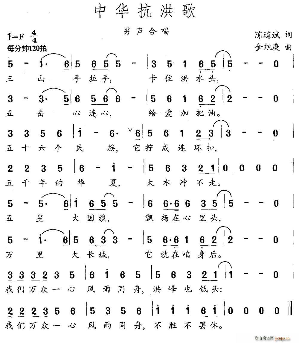 金旭庚 陈道斌 《中华抗洪歌（陈道斌词 金旭庚曲）》简谱