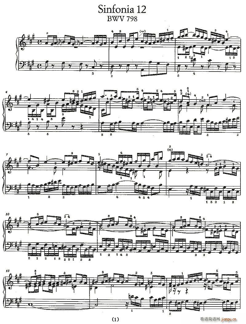 未知 《Sinfonia 12 BWV-798》简谱