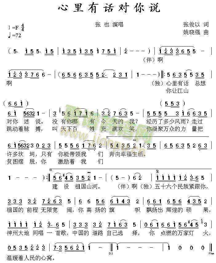 张也 《心里有话对你说》简谱