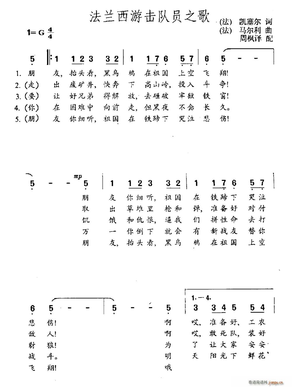 未知 《法兰西游击队员之歌》简谱