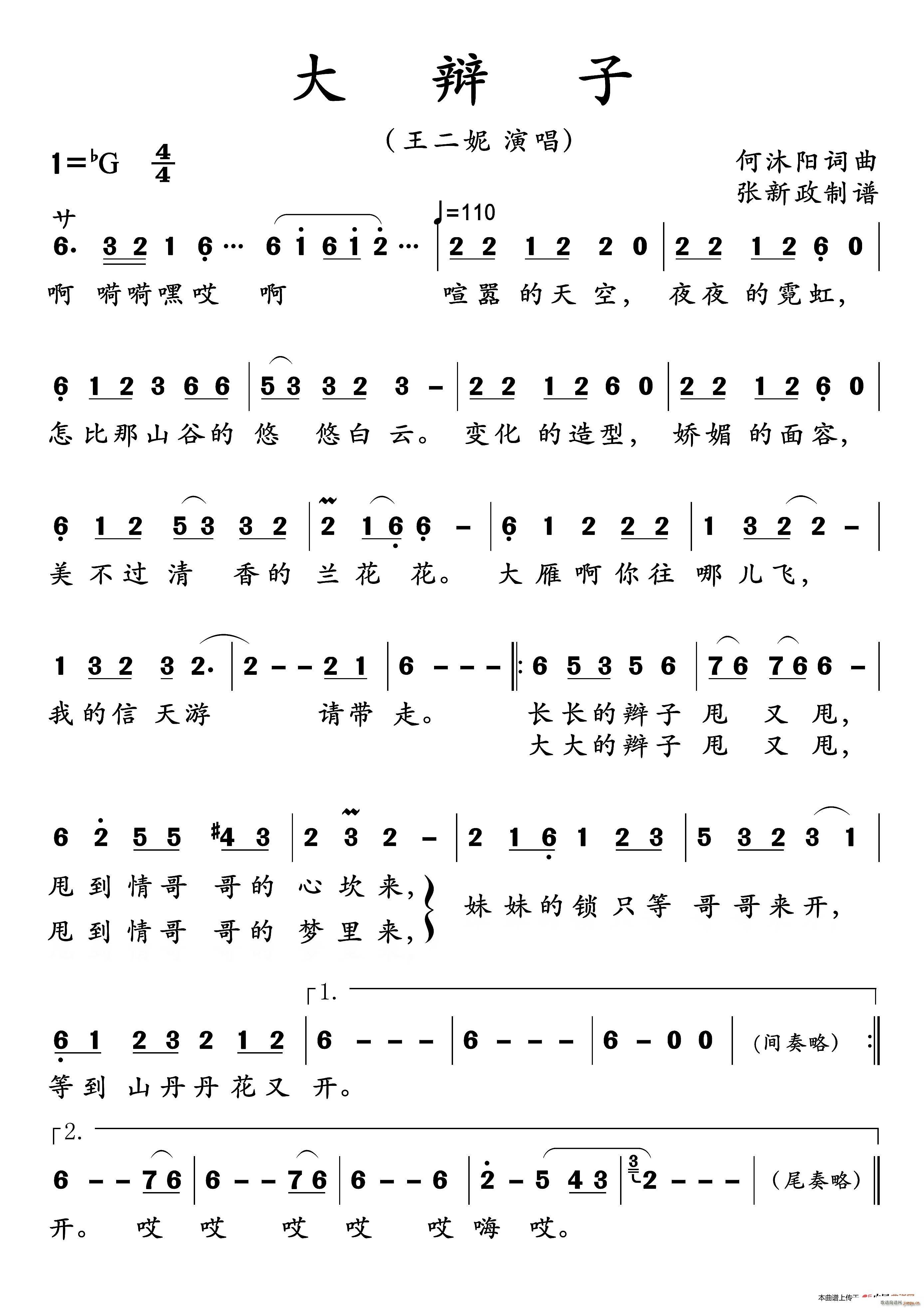 王二妮   何沐阳 《大辩子（ 演唱）》简谱