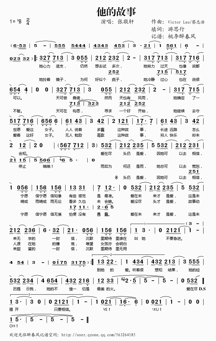 张敬轩 《他的故事》简谱