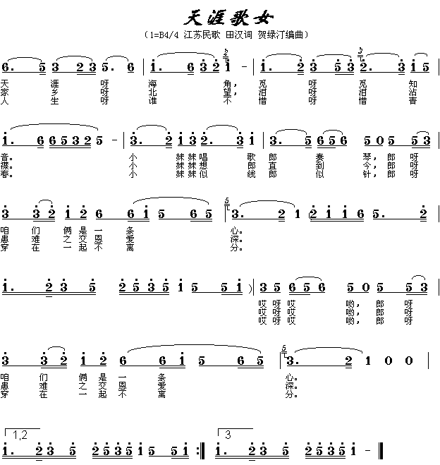 苏南 《天涯歌女（江苏民歌）》简谱