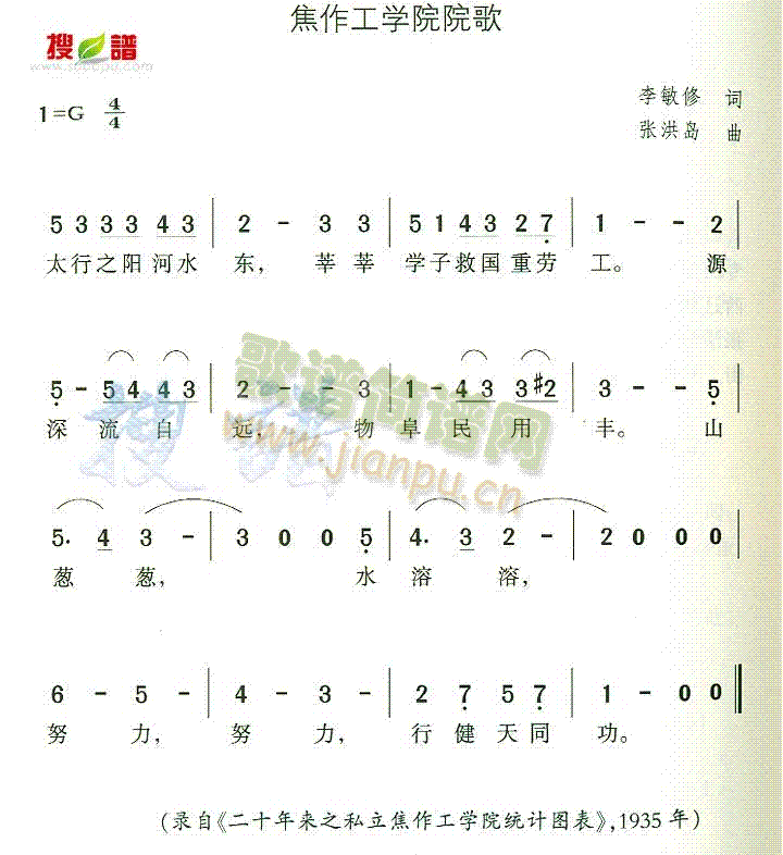 未知 《焦作工学院院歌》简谱