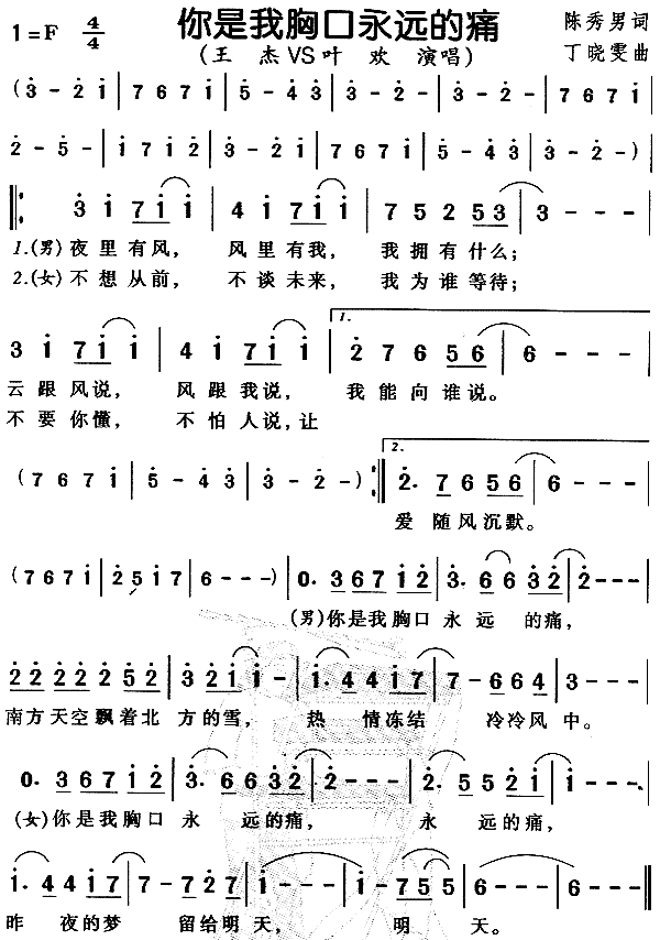 王杰、叶欢 《你是我胸口永远的痛》简谱