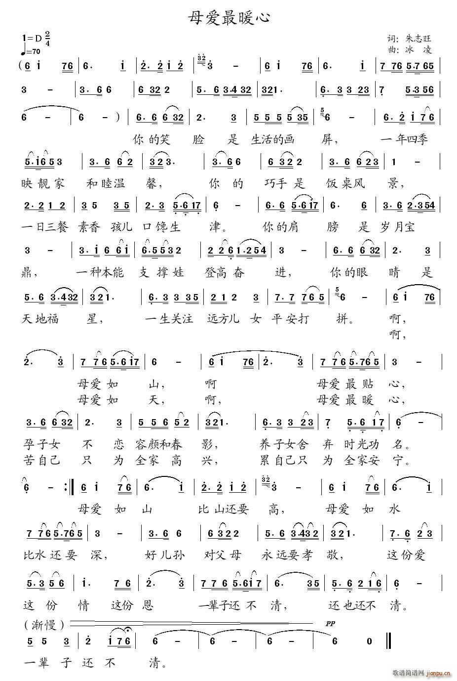 王艺涛   朱志旺 《母爱最暖心（朱志旺词、 词）》简谱