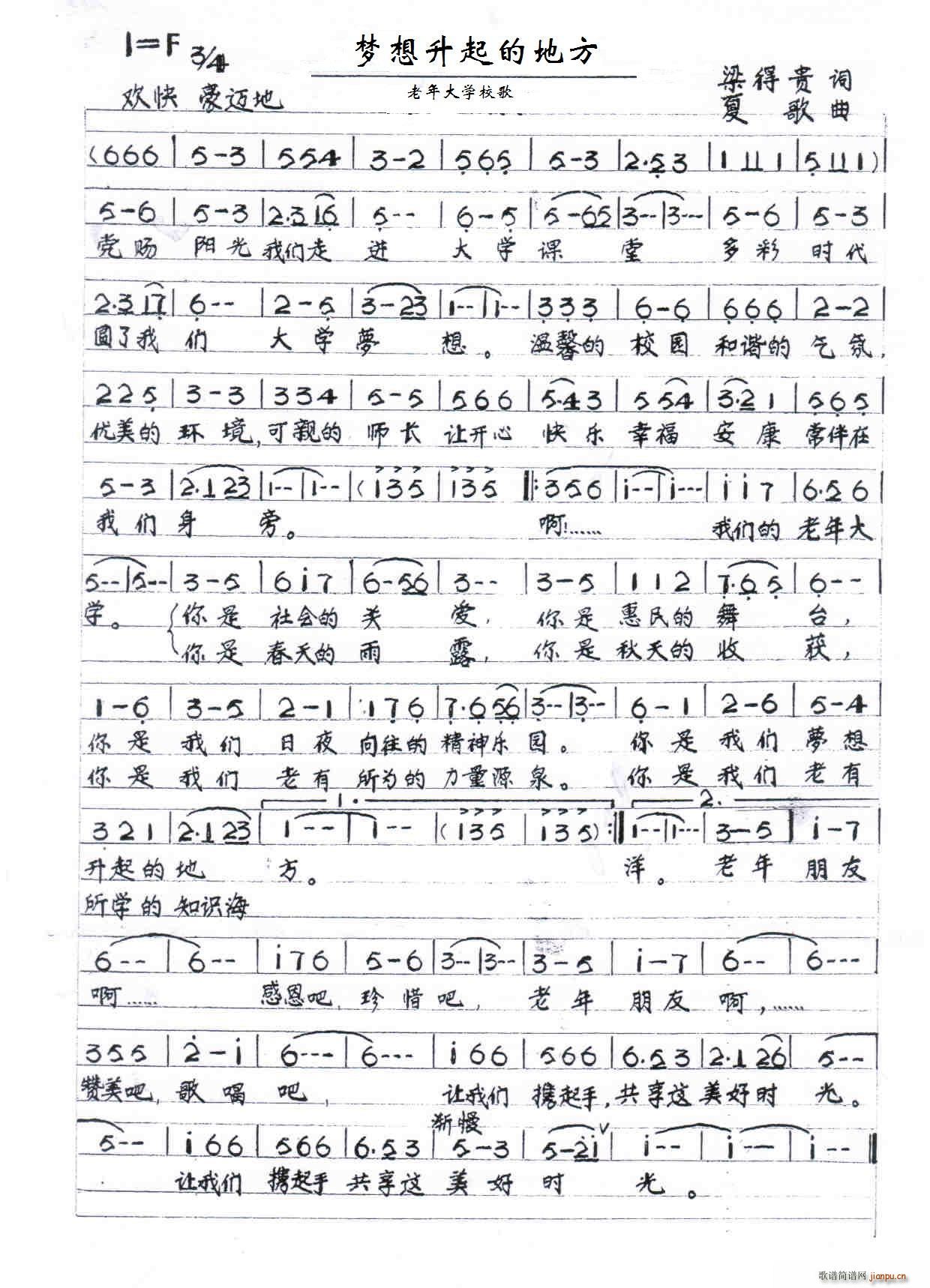 梁得贵 《梦想升起的地方（老年大学校歌）》简谱