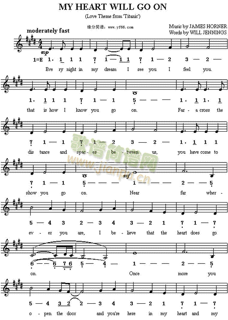 简谱和五线 《我心永恒   泰坦尼克号》简谱