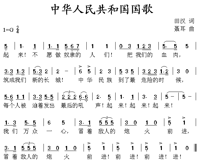 未知 《中华人民共和国国歌》简谱