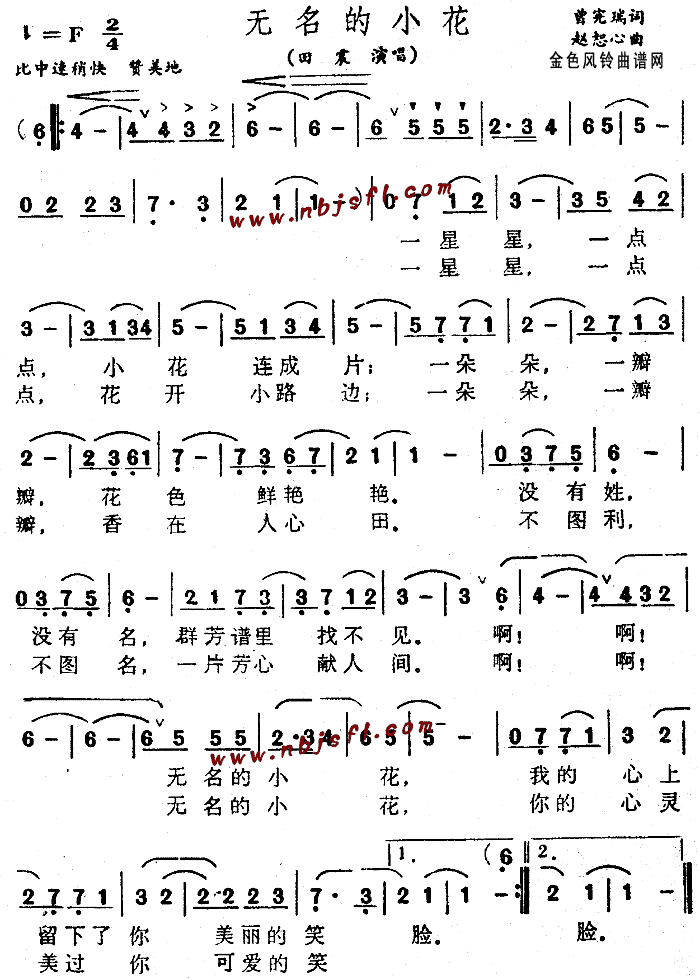 田震 《无名的小花》简谱