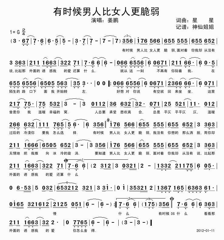 姜鹏 《有时候男人比女人更脆弱》简谱