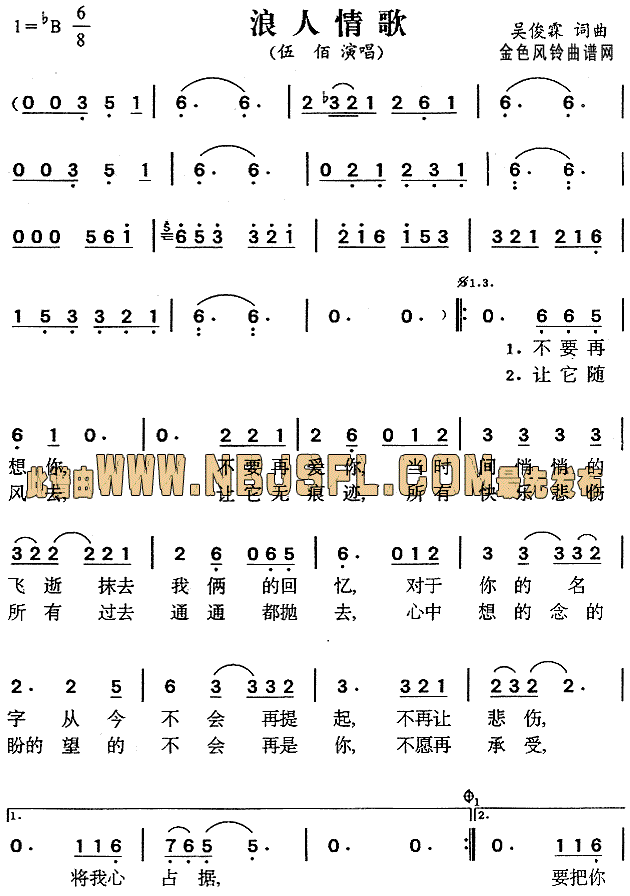 伍佰 《浪人情歌》简谱