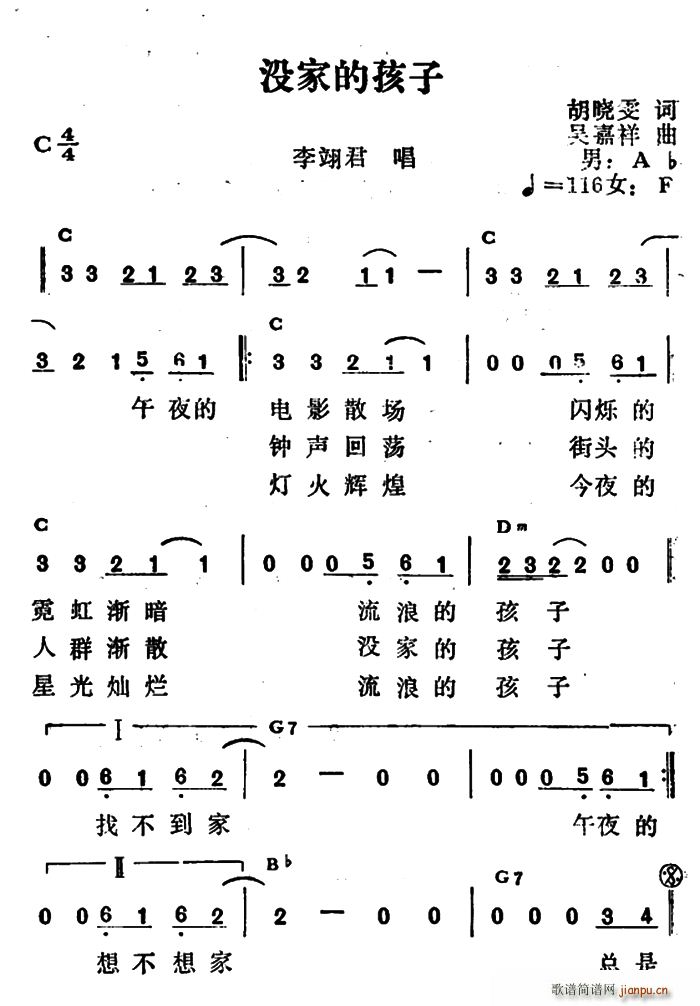 李翊君   胡晓雯 《没家的孩子》简谱