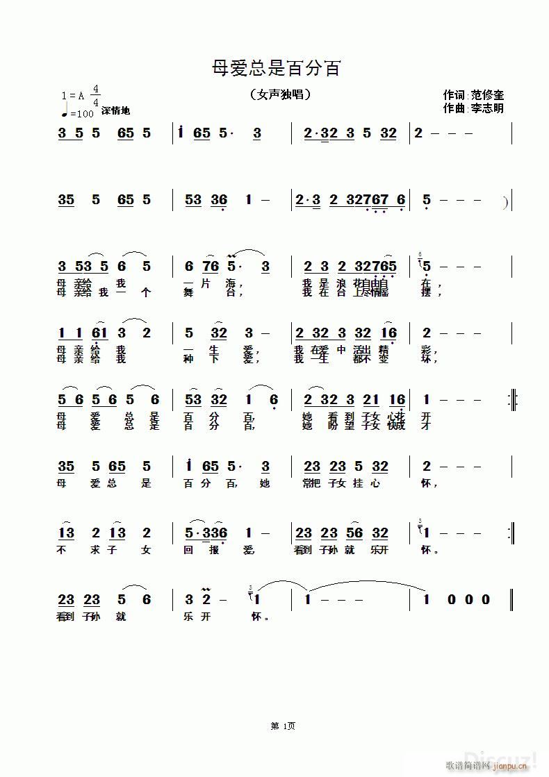 未知 《母爱总是百分之百》简谱