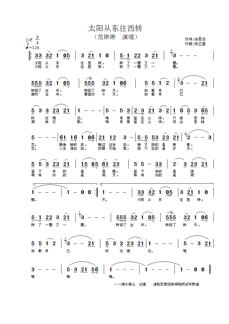 范琳琳 《太阳从东往西转》简谱
