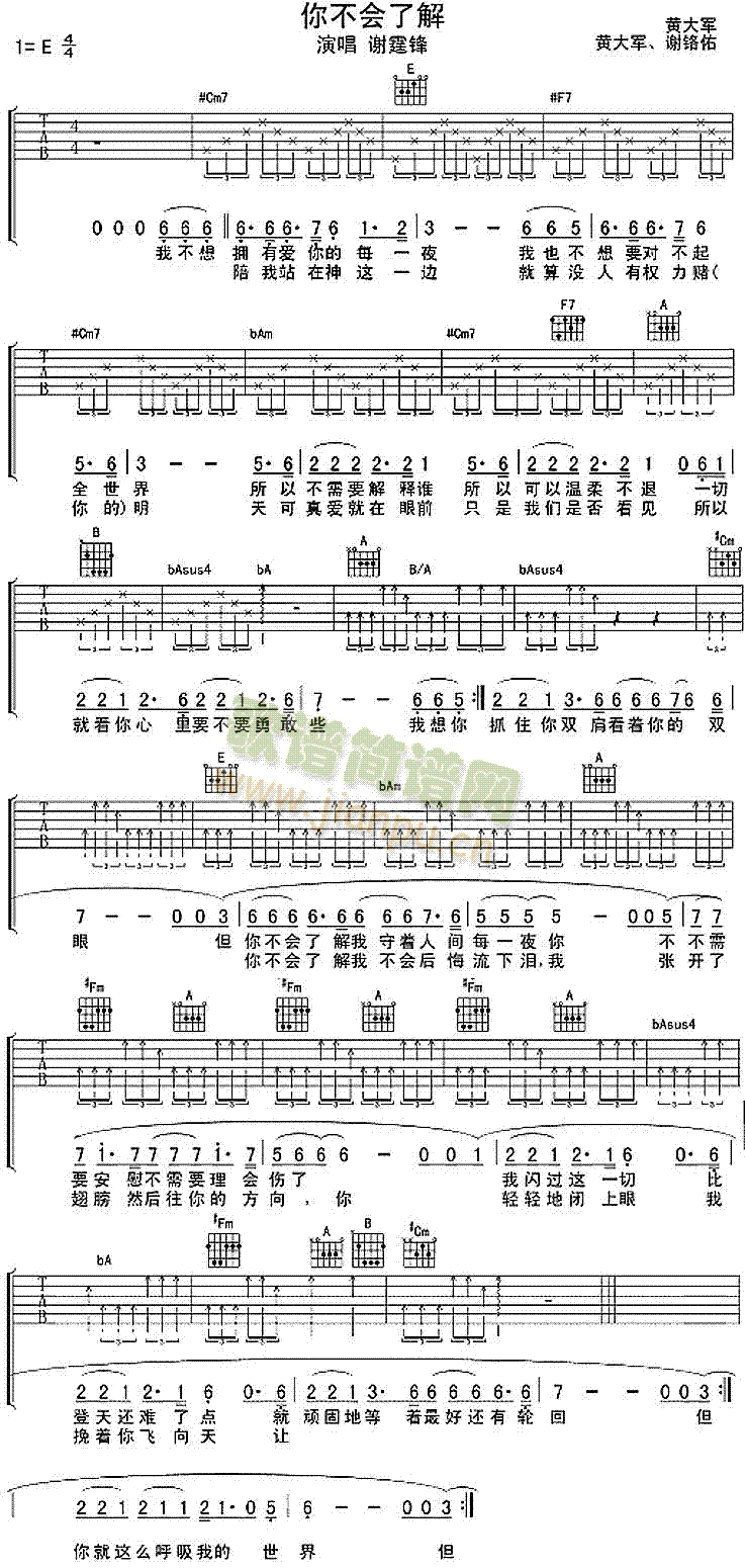 未知 《你不会了解》简谱