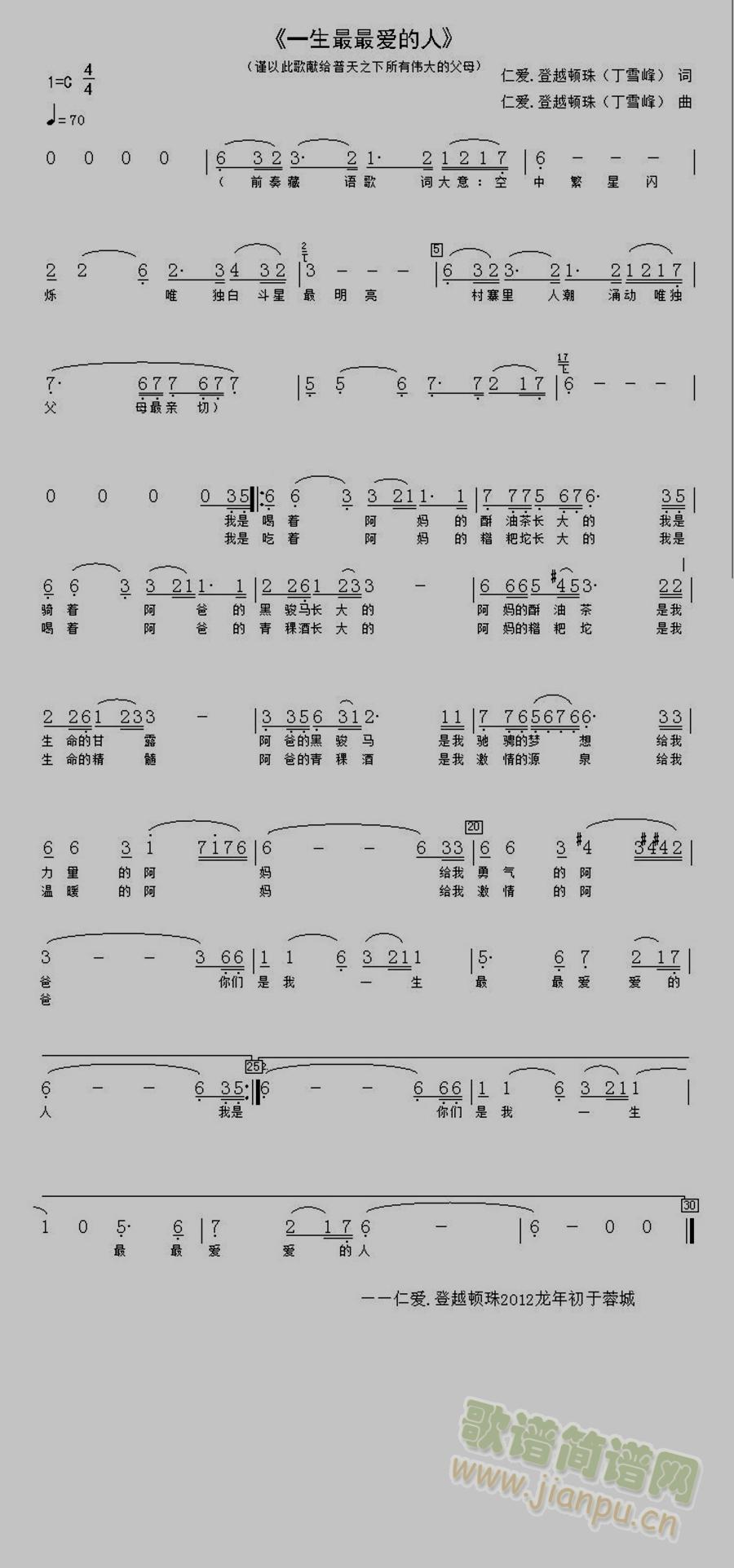 香巴拉组合主唱益初措    以前没有想过那么多，如今已经是为人父母的人了，人到中年才知道做父母的含辛茹苦，当歌手那么多年，没有什么珍贵的东西能够献给父母，唯独写一首发自自己内心深处的歌曲献给自己一生最最爱的父母，献给普天之下所有的父母，同时，寄予现在的年轻人，在有生之年好好的孝敬于父母，报恩于父母。这就是我谱写这首歌曲，反复宣传这首歌曲的最终夙愿。期待与我有同感朋友们大量转发，谢谢！词曲作者：仁爱·登越顿珠                   2013.11歌曲免费试听下载地址：http://yc.5sing.com/1285764.html 《一生最最爱的人》简谱