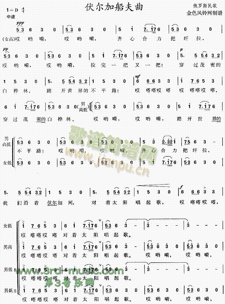 未知 《伏尔加船夫曲(俄罗斯民歌)[合唱曲谱]》简谱