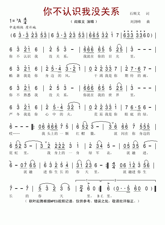 阎维文 《你不认识我没关系》简谱