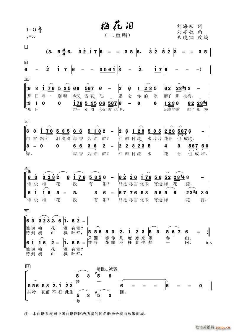 刘海东 《梅花泪（二重唱）》简谱