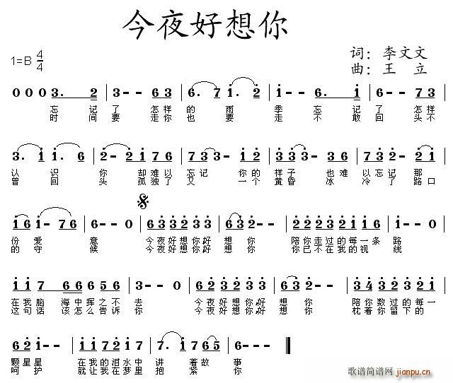 李文文 《今夜好想你》简谱