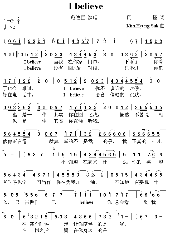 未知 《I Believe》简谱